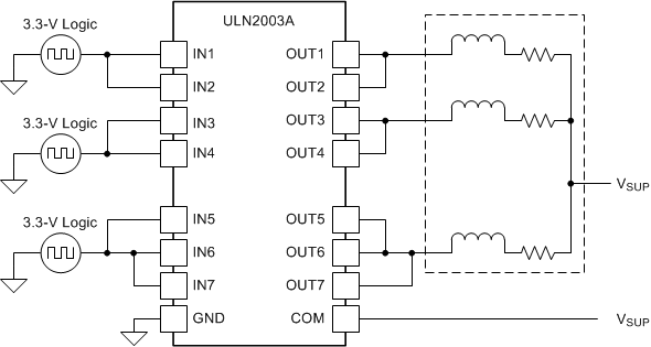 ULN2002A ULN2003A ULN2003AI ULQ2003A ULN2004A ULQ2004A ULN2003A 器件用作感性負(fù)載驅(qū)動(dòng)器
