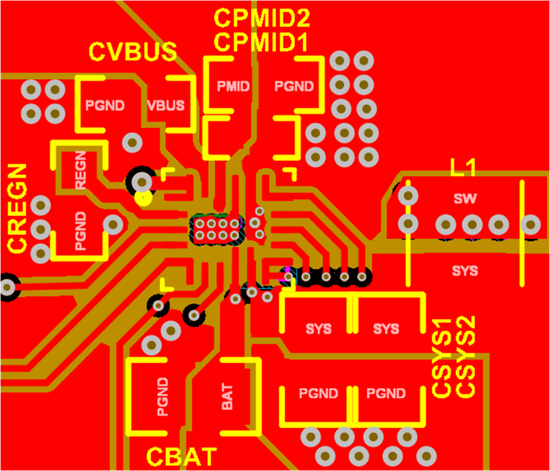 BQ25628 BQ25629 布局示例：頂層（紅色）和所有 PGND 內(nèi)部層 2（棕色）