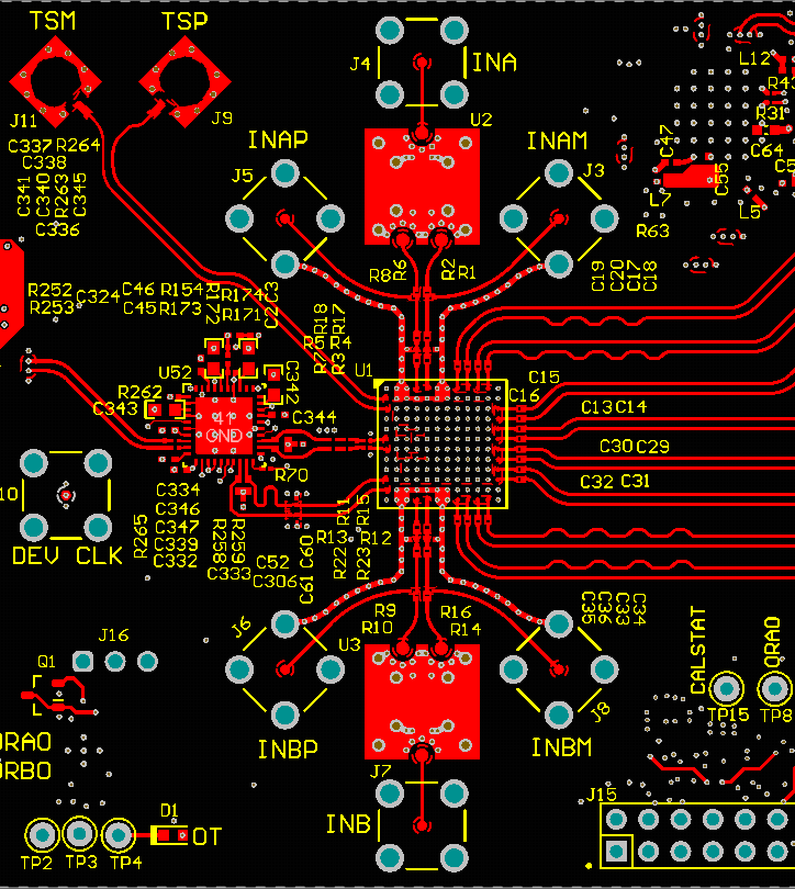 ADC12DJ5200-EP 頂層布線：模擬輸入、CLK 和 SYSREF、DA0-3、DB0-3