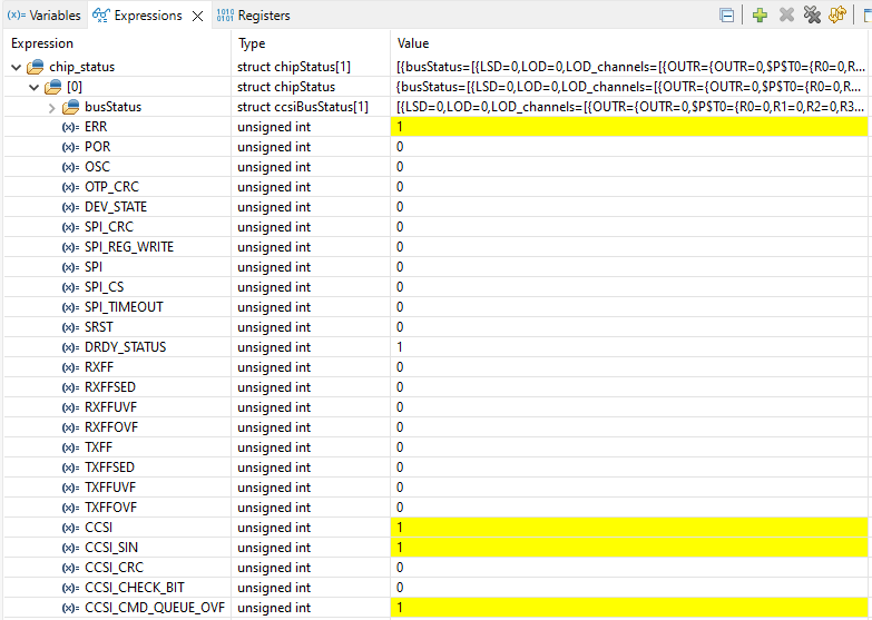 LP5891Q1EVM LP5891-Q1 與 LP5899 配對(duì)使用時(shí)具有 CCSI 故障的 Expression chip_status 示例